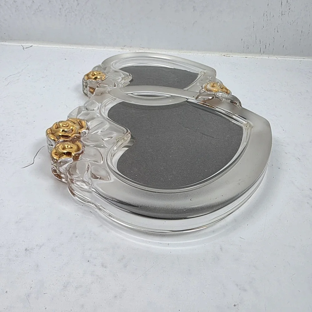 Vtg Mikasa Rosemont Double Heart Picture Frame Glass Crystal Gold Roses 7